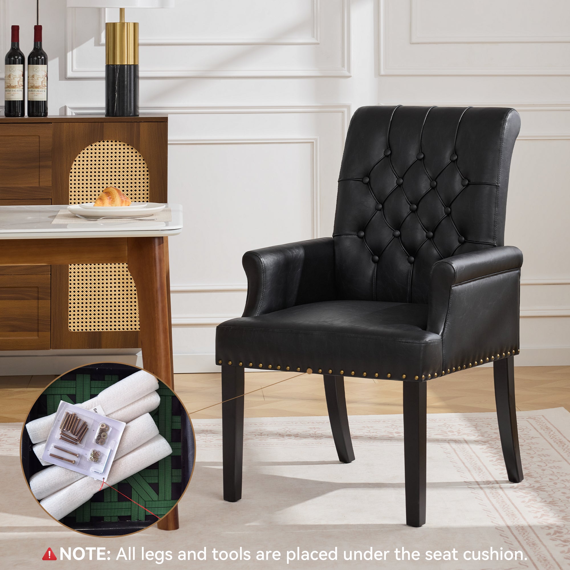 PU Leather Dining Chair with Arms, Black