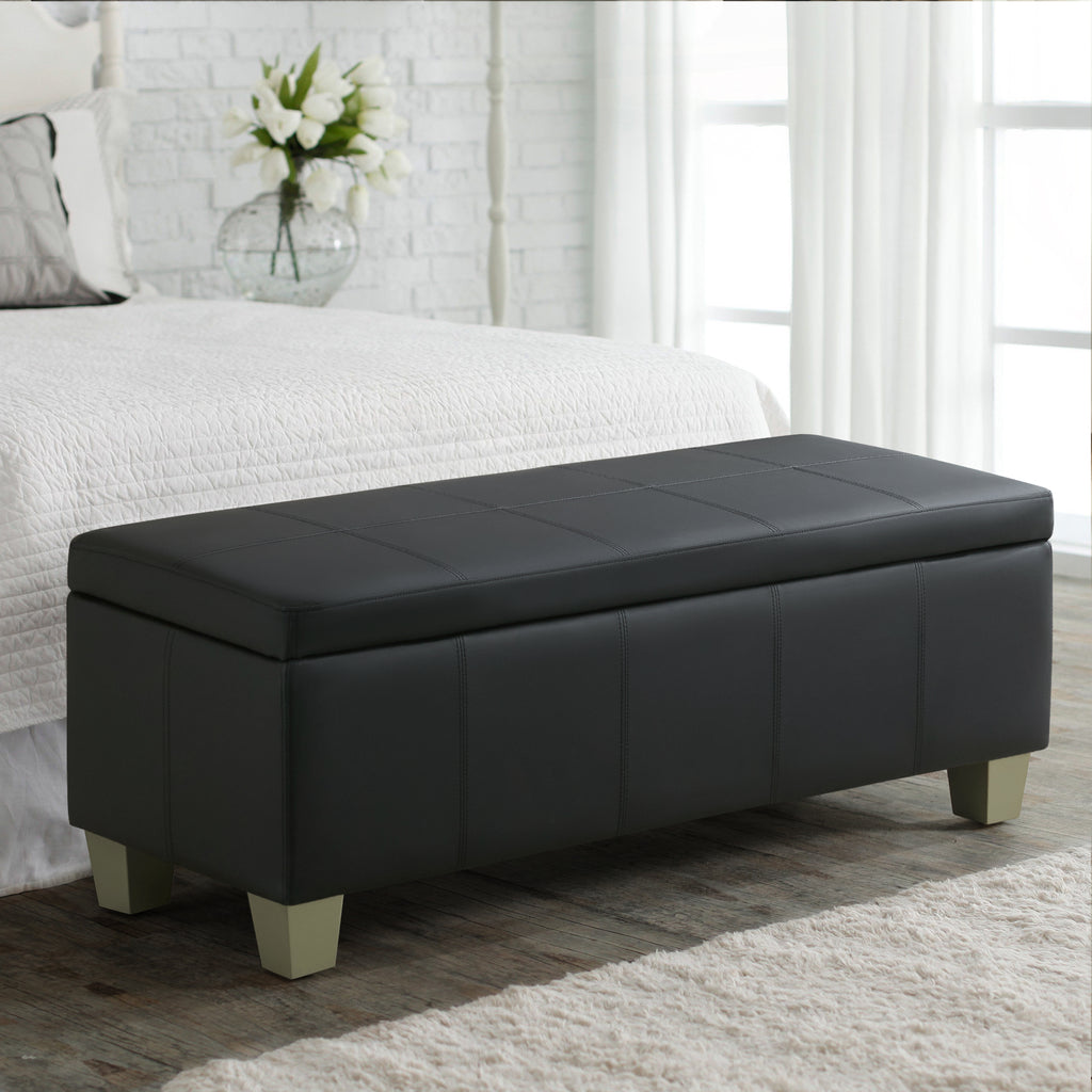 Faux Leather Storage Ottoman Bench, Rectangle Upholstered Storage Bench with Wooden Legs, Stitch Tufted Bench with Storage for Bedroom, Living Room, Entryway
