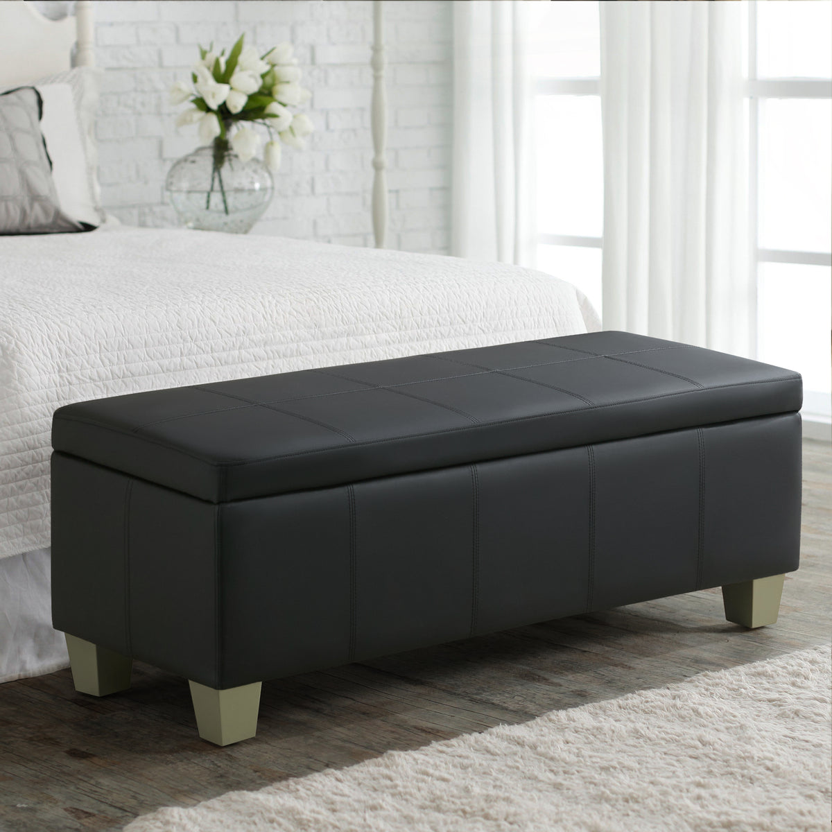 Faux Leather Storage Ottoman Bench, Rectangle Upholstered Storage Bench with Wooden Legs, Stitch Tufted Bench with Storage for Bedroom, Living Room, Entryway