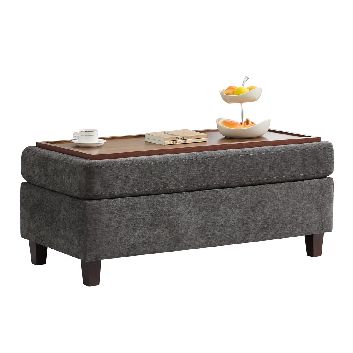 HASLE Storage Ottoman Bench with Wooden Tray, Upholstered Ottoman Coffee Table with Hidden Storage for Living Room Bedroom