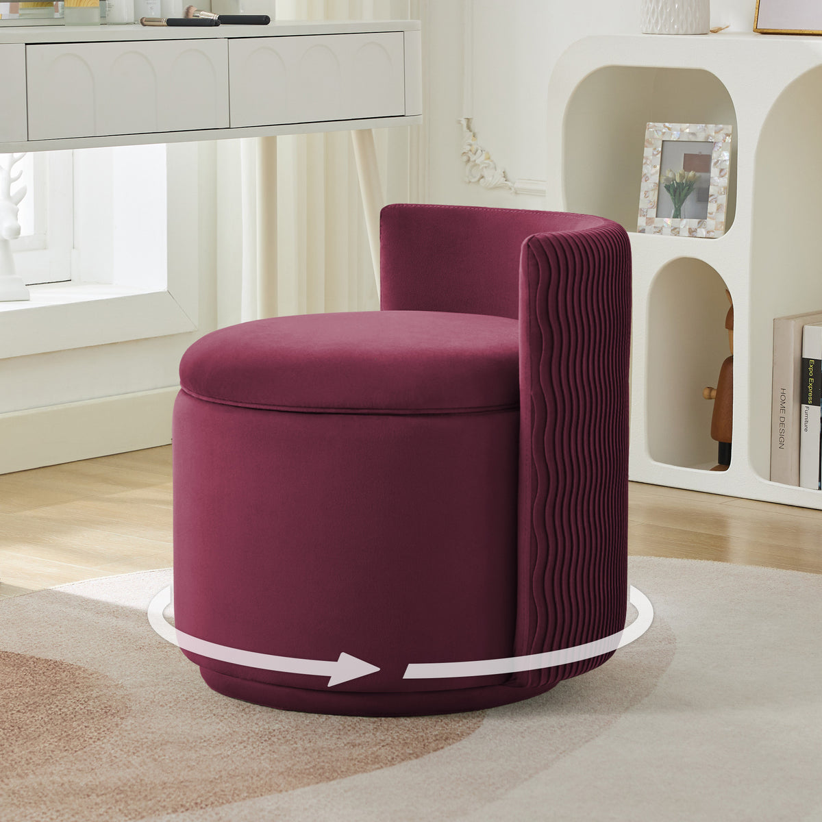 Velvet Swivel Accent Chair with Storage, 360° Vanity Makeup Chair with Wave Back, No Assembly Comfy Single Sofa Chair, Small Accent Stool for Bedroom, Dressing, Living Room