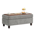 HASLE Storage Ottoman Bench with Wooden Tray, Upholstered Ottoman Coffee Table with Hidden Storage for Living Room Bedroom