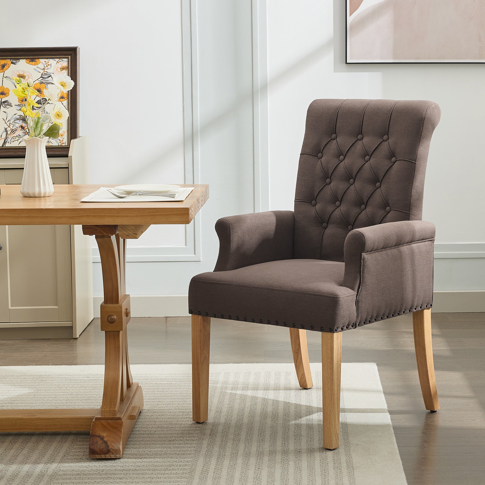 Fabric Dining Chair with Arms，Brown
