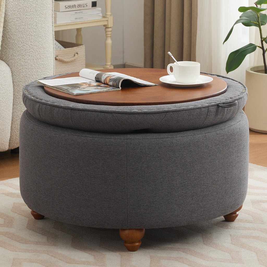 30'' Round Ottoman with Storage, Modern Tufted Storage Ottoman with Removable Top for Living Room, Bedroom, Drak Gray