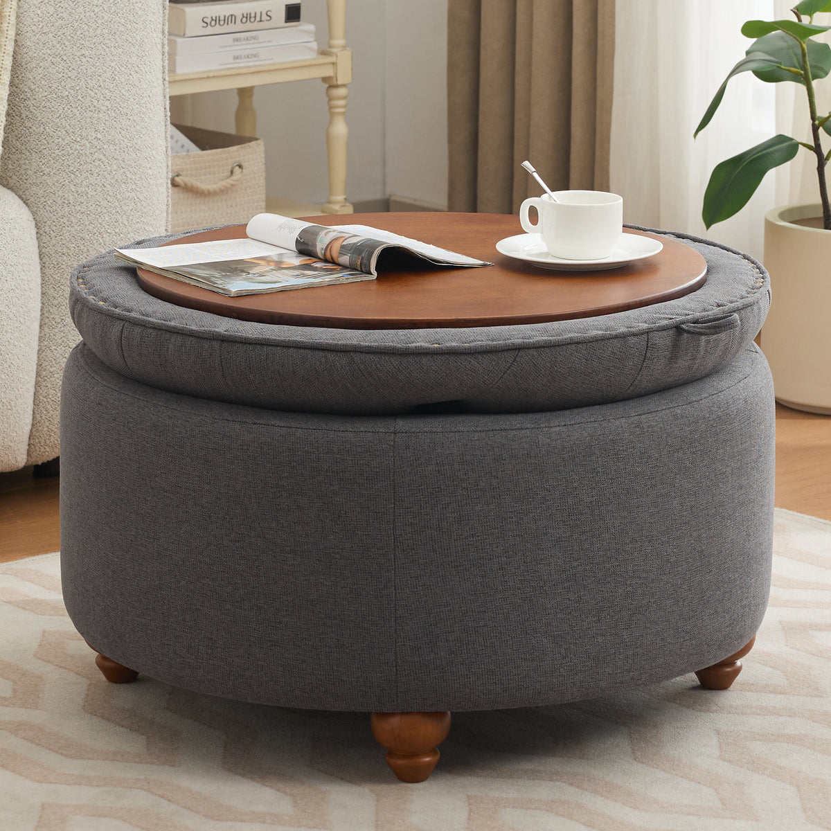 30'' Round Ottoman with Storage, Modern Tufted Storage Ottoman with Removable Top for Living Room, Bedroom, Drak Gray