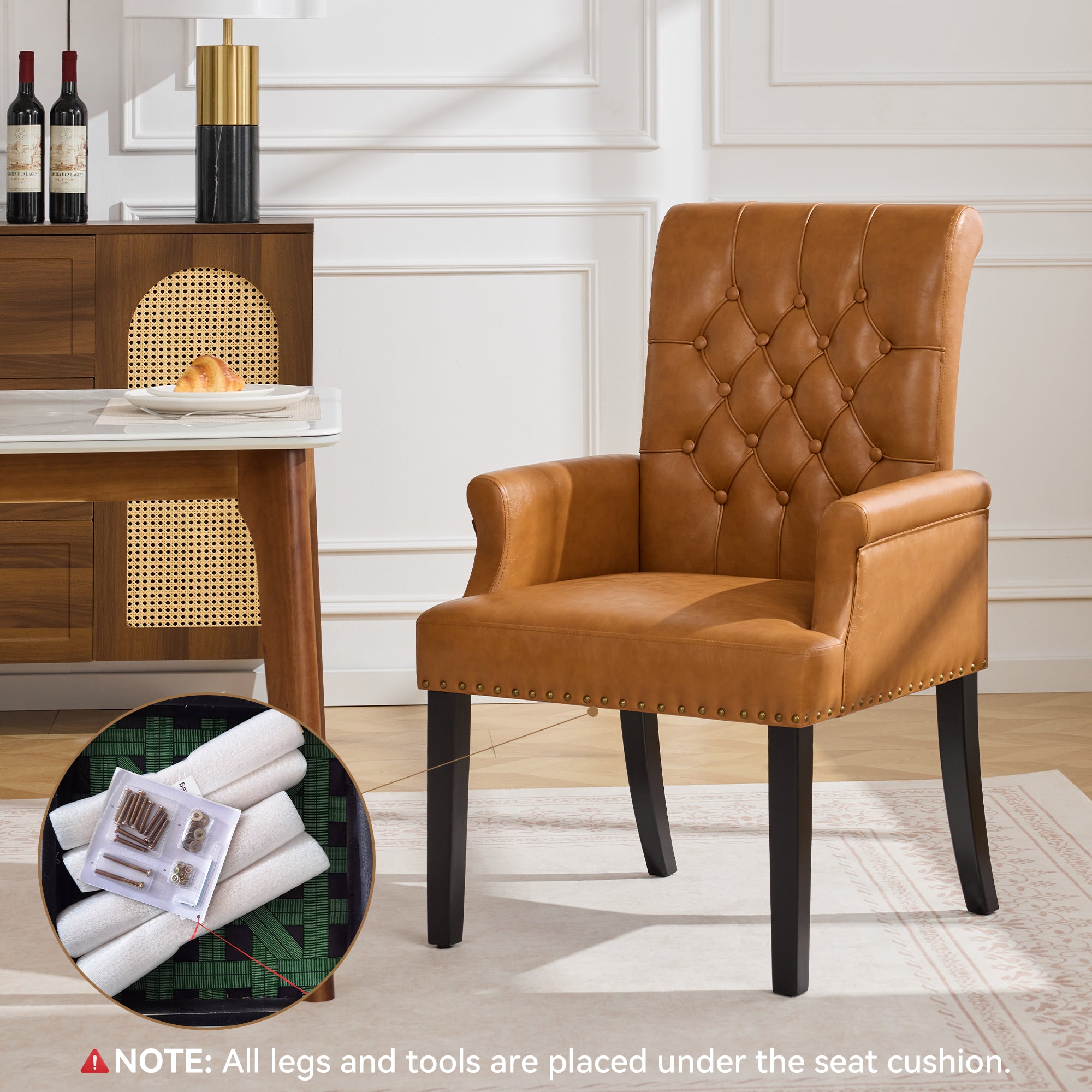 PU Leather Dining Chair with Arms, Light Brown
