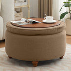30'' Round Ottoman with Storage, Modern Tufted Fabric Storage Ottoman with Removable Wooden Top for Living Room, Bedroom, Brown