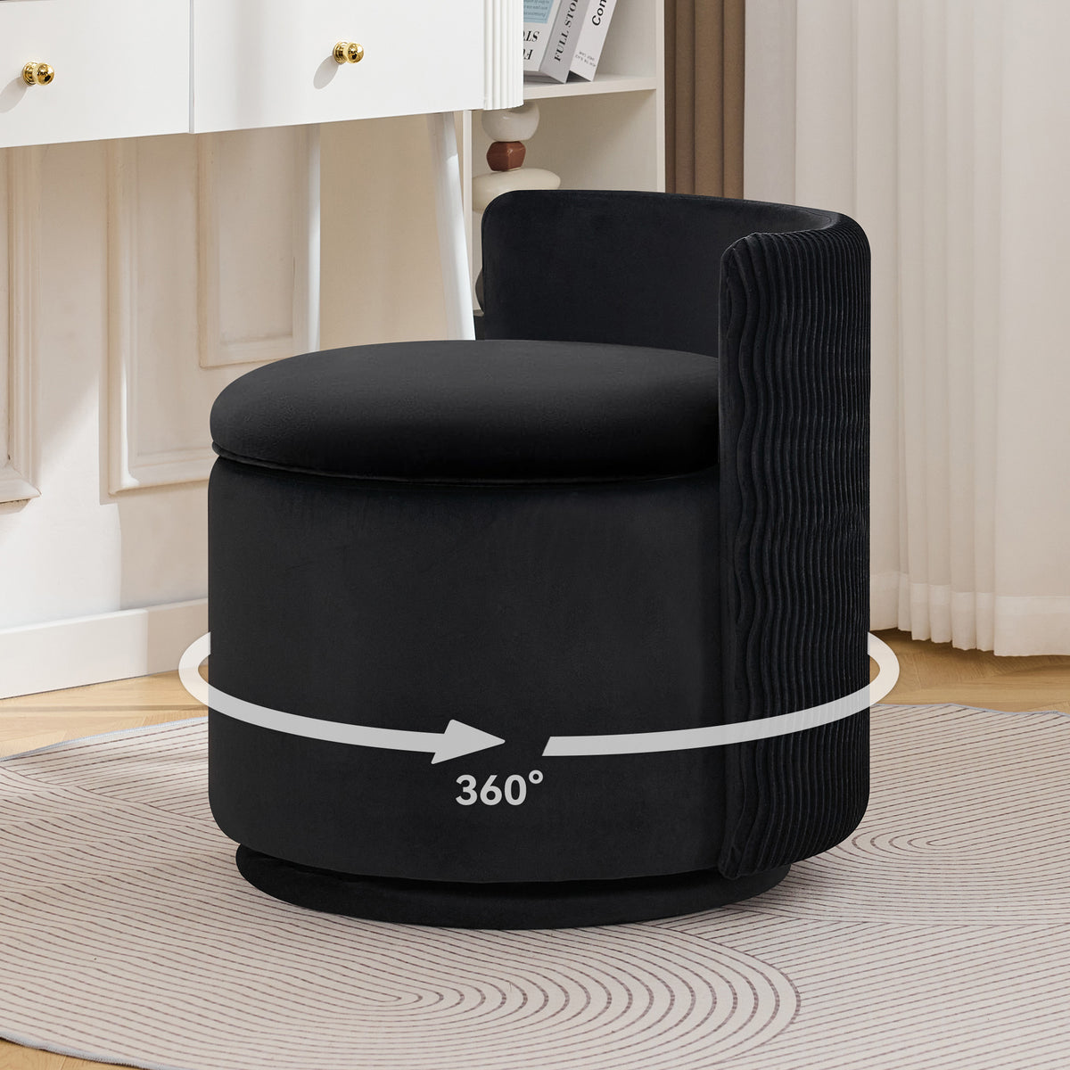 Velvet Swivel Accent Chair with Storage, 360° Vanity Makeup Chair with Wave Back, No Assembly Comfy Single Sofa Chair, Small Accent Stool for Bedroom, Dressing, Living Room