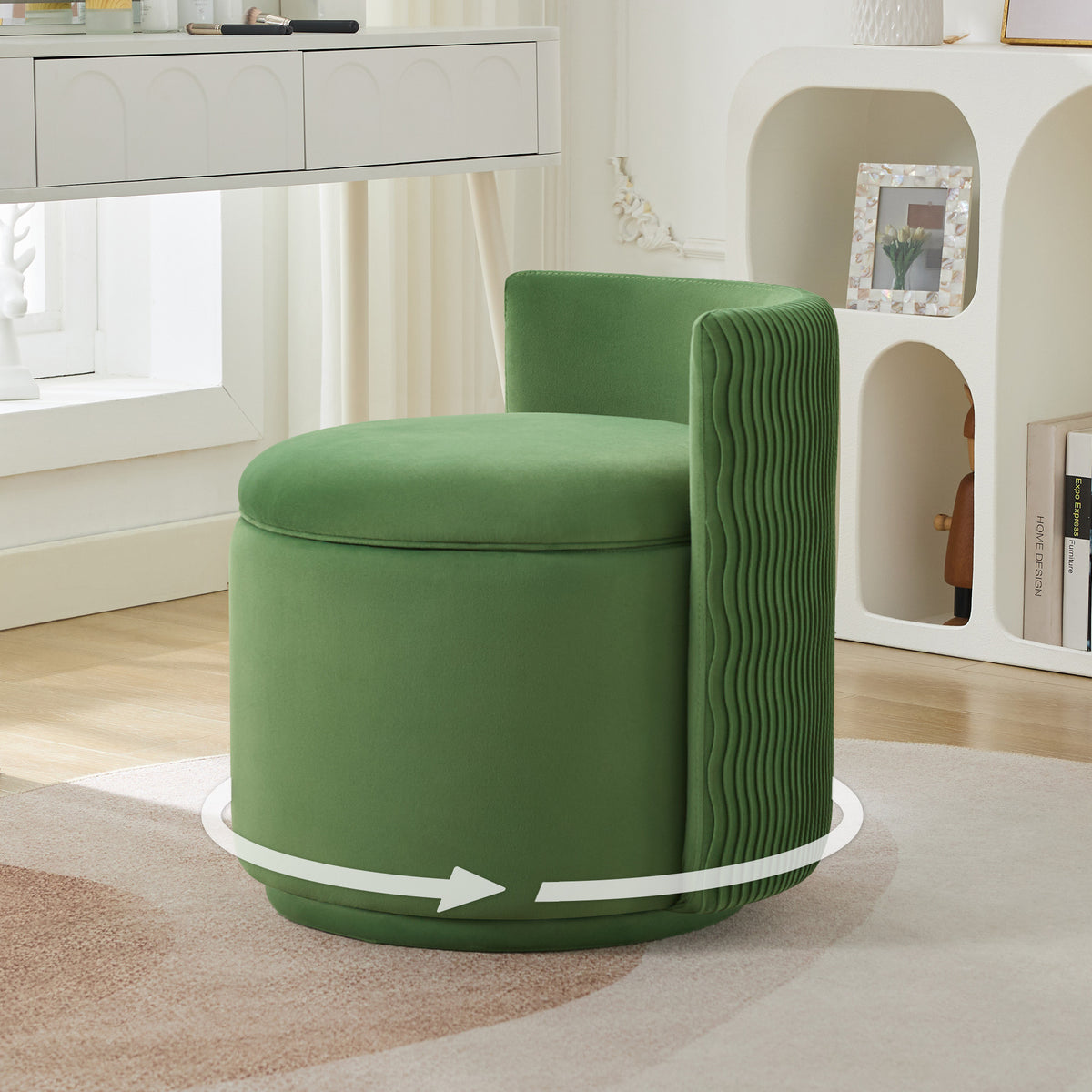 Velvet Swivel Accent Chair with Storage, 360° Vanity Makeup Chair with Wave Back, No Assembly Comfy Single Sofa Chair, Small Accent Stool for Bedroom, Dressing, Living Room