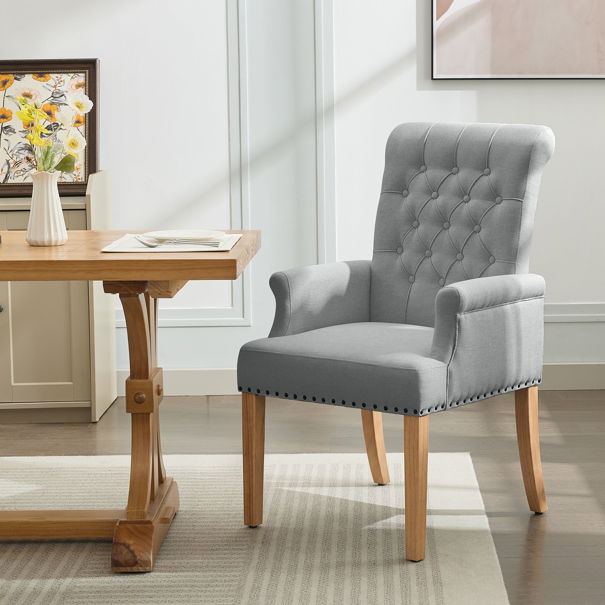 Fabric Dining Chair with Arms，Light Gray