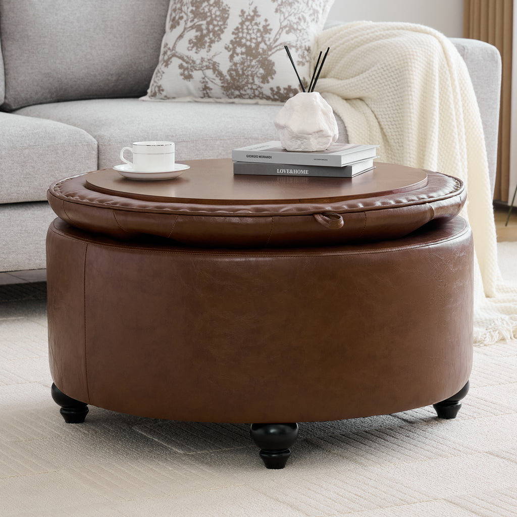 HASLE 30Inch Round Storage Ottoman with Tray, Modern Tufted Leather Circle Coffee Table with Storage, Upholstered Ottoman with Removable Top for Living Room, Bedroom, Leather Coffee