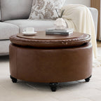 HASLE 30Inch Round Storage Ottoman with Tray, Modern Tufted Leather Circle Coffee Table with Storage, Upholstered Ottoman with Removable Top for Living Room, Bedroom, Leather Coffee