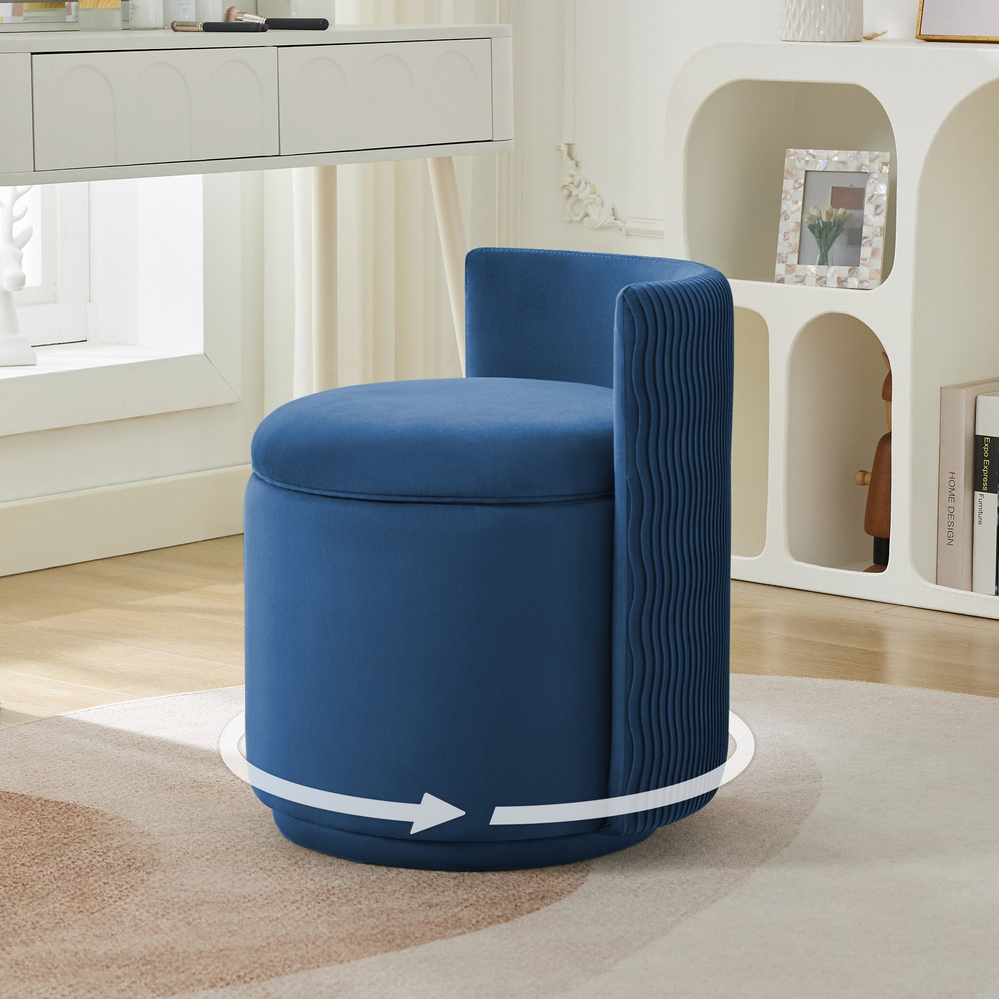 Vanity Chair with Storage，Velvet, Blue