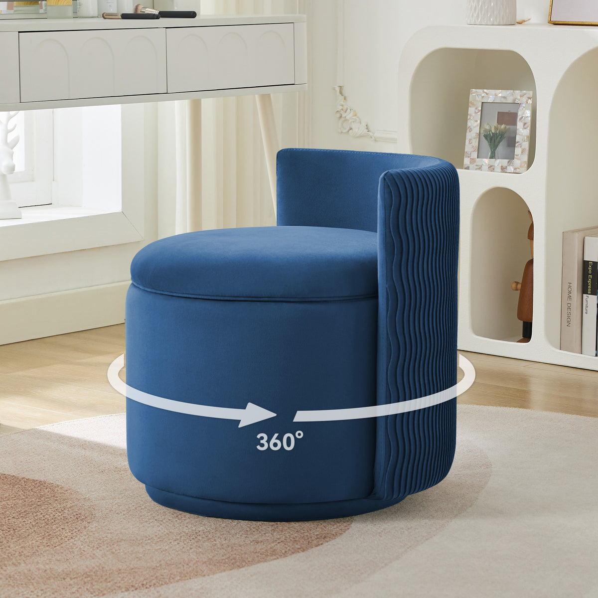 Velvet Swivel Accent Chair with Storage, 360° Vanity Makeup Chair with Wave Back, No Assembly Comfy Single Sofa Chair, Small Accent Stool for Bedroom, Dressing, Living Room
