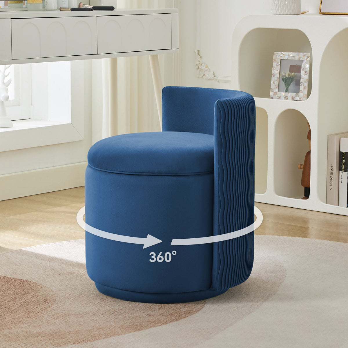 Velvet Swivel Accent Chair with Storage, 360° Vanity Makeup Chair with Wave Back, No Assembly Comfy Single Sofa Chair, Small Accent Stool for Bedroom, Dressing, Living Room