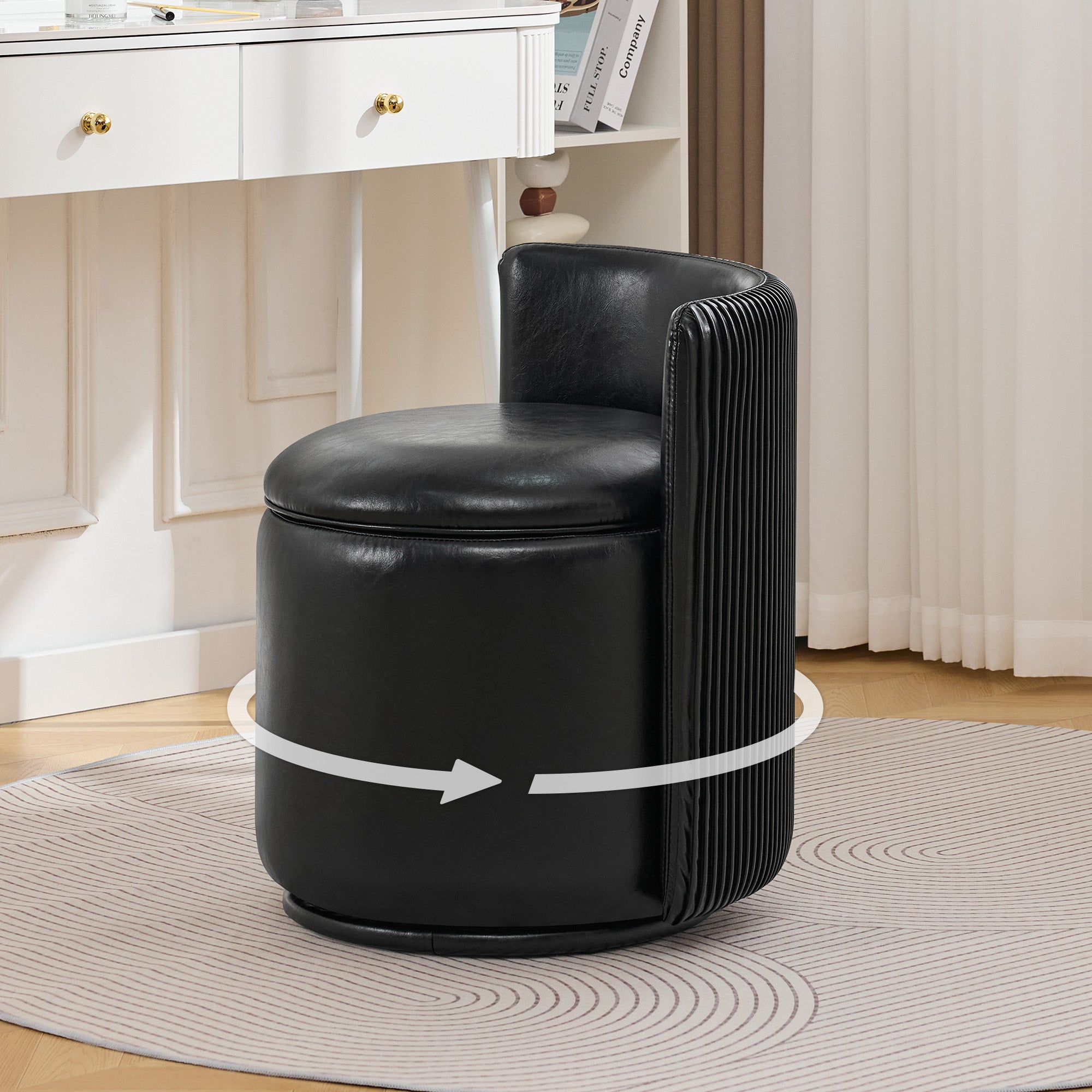 Vanity Chair with Storage，Leather, Black