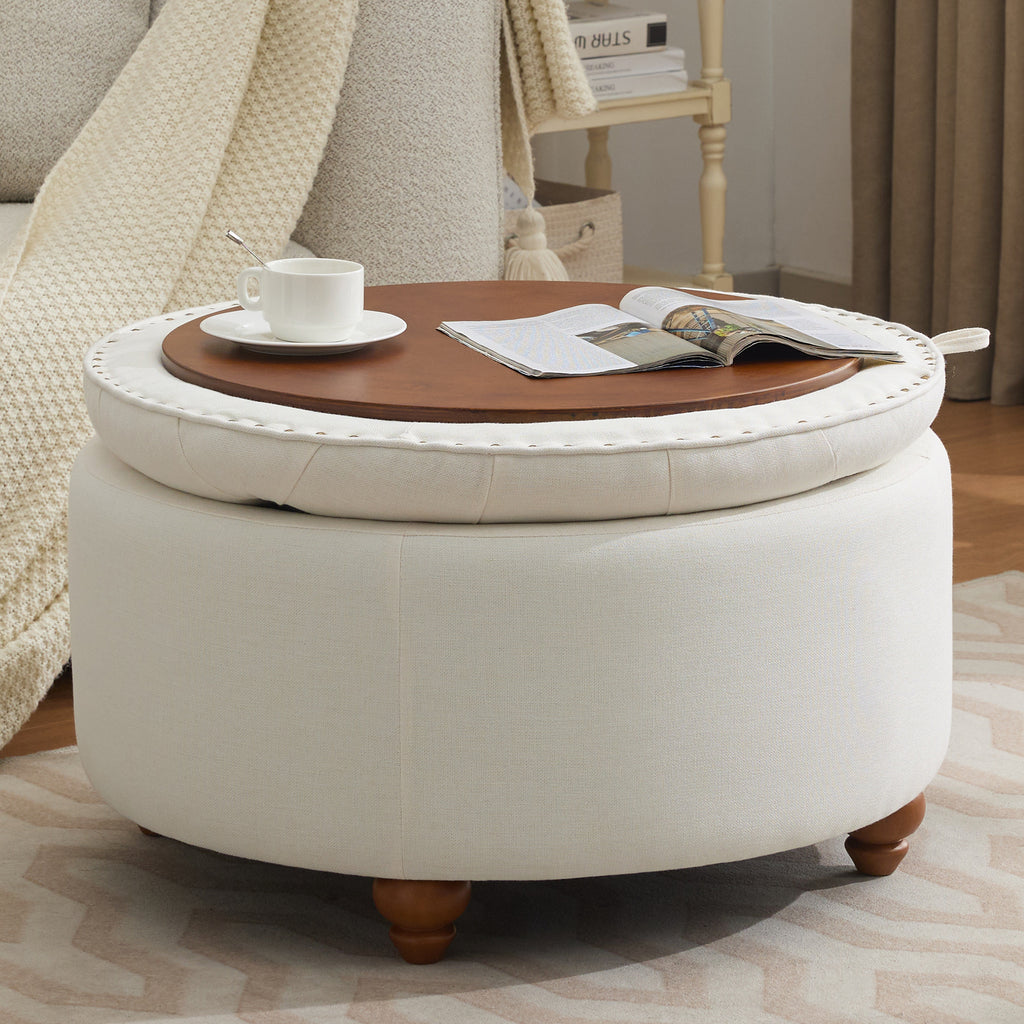 30'' Round Ottoman with Storage, Modern Tufted Storage Ottoman with Removable Top for Living Room, Bedroom, Beige