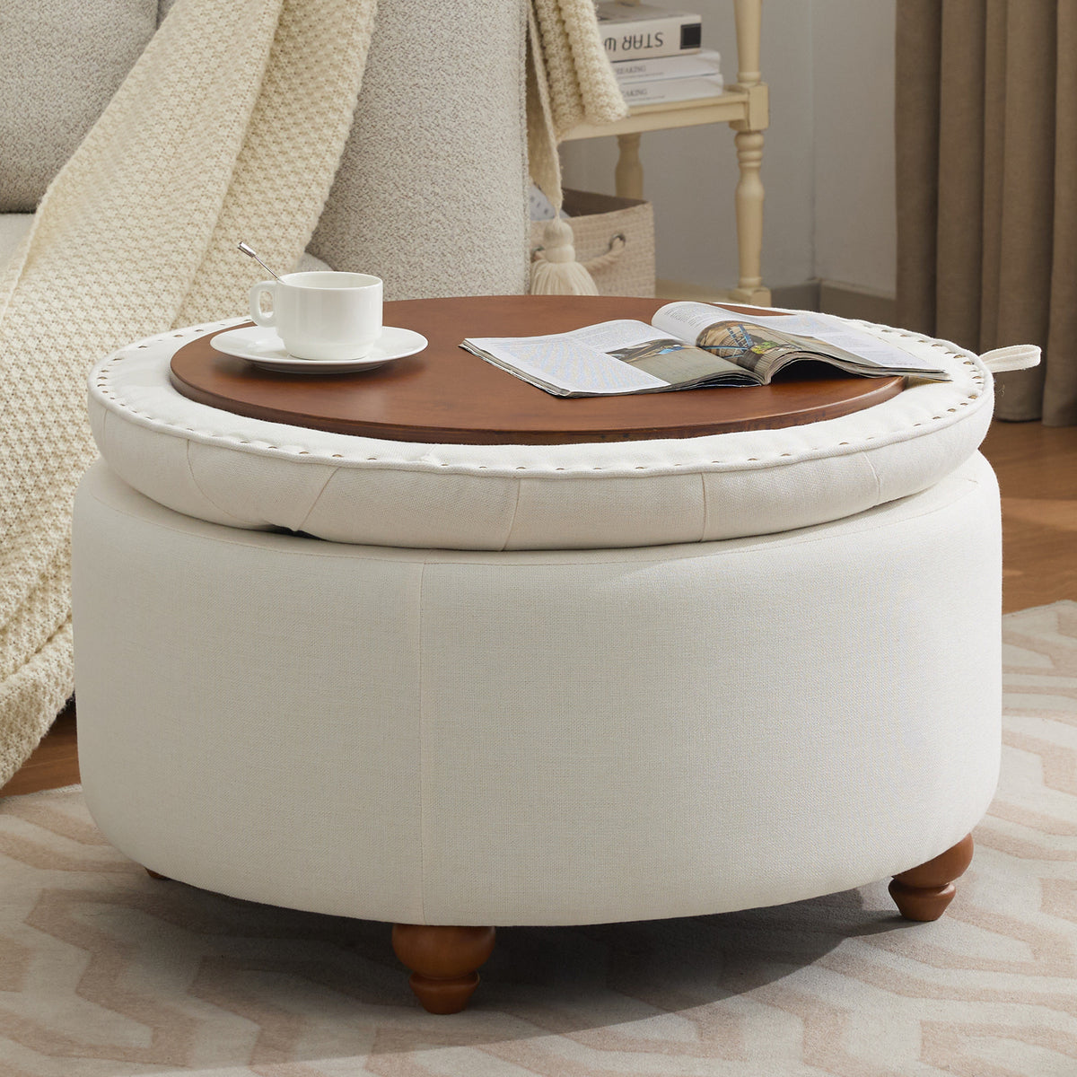 30'' Round Ottoman with Storage, Modern Tufted Storage Ottoman with Removable Top for Living Room, Bedroom, Beige