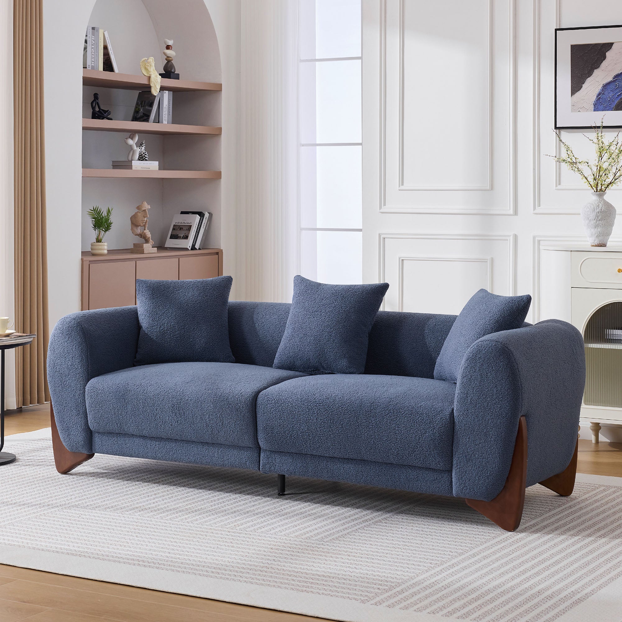 87" Boucle Couch with Solid Wood Legs,Blue