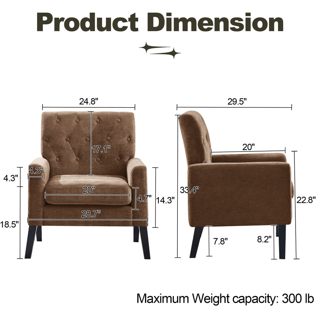 Mid Century Modern Accent Chairs, Brown Chenille Office Chair for Reception - Tufted Upholstered Club Chair for Living Room, Bedroom, or Waiting Room
