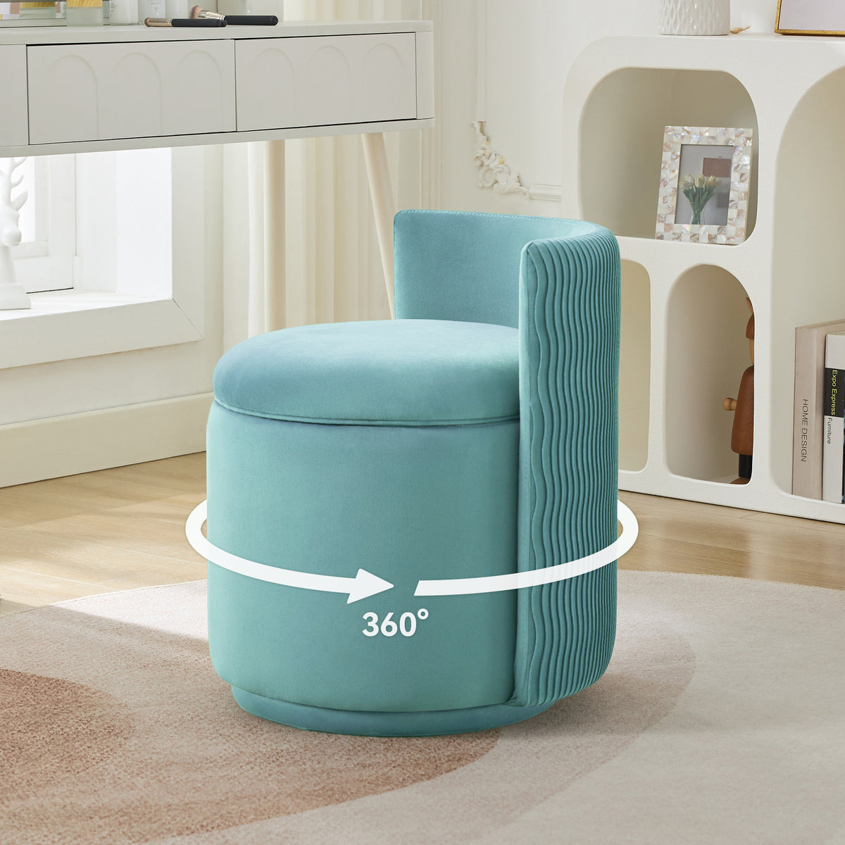 Velvet Swivel Accent Chair with Storage, 360° Vanity Makeup Chair with Wave Back, No Assembly Comfy Single Sofa Chair, Small Accent Stool for Bedroom, Dressing, Living Room