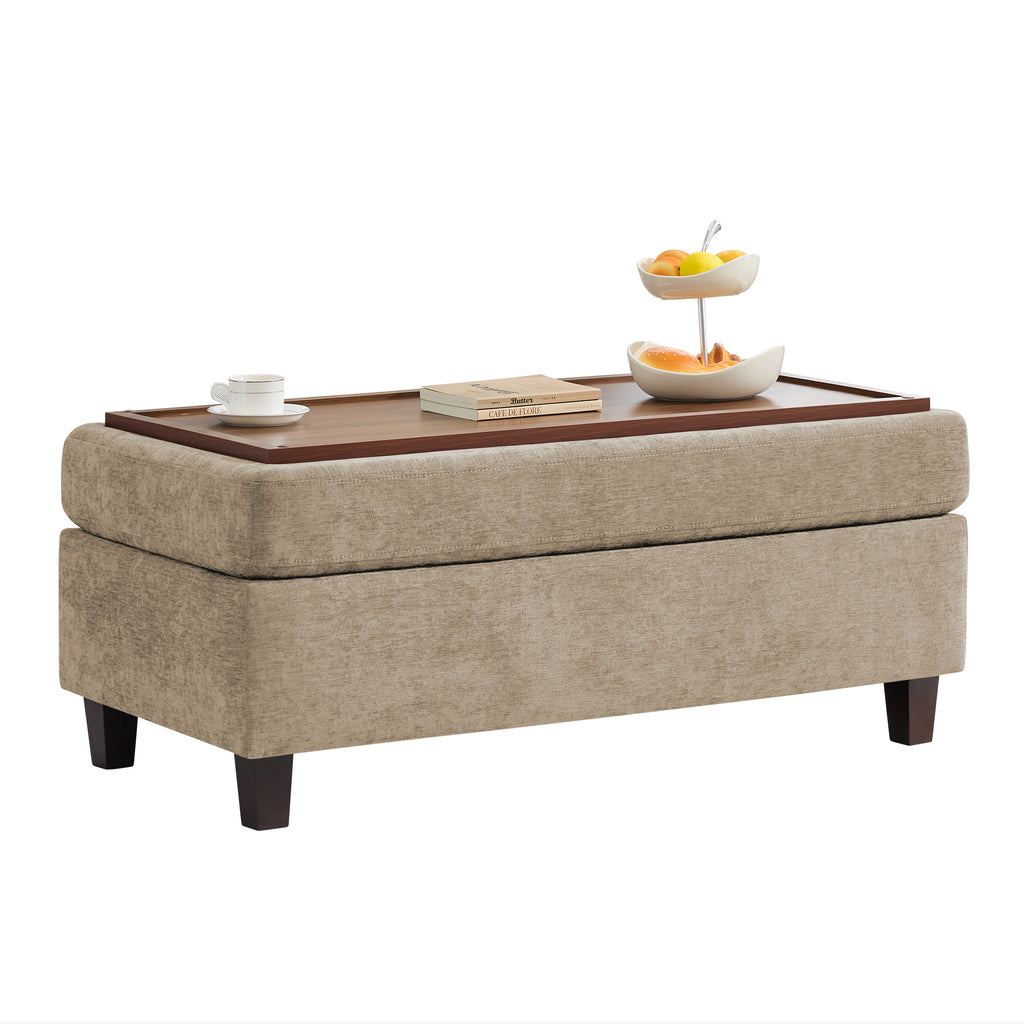 HASLE Storage Ottoman Bench with Wooden Tray, Upholstered Ottoman Coffee Table with Hidden Storage for Living Room Bedroom