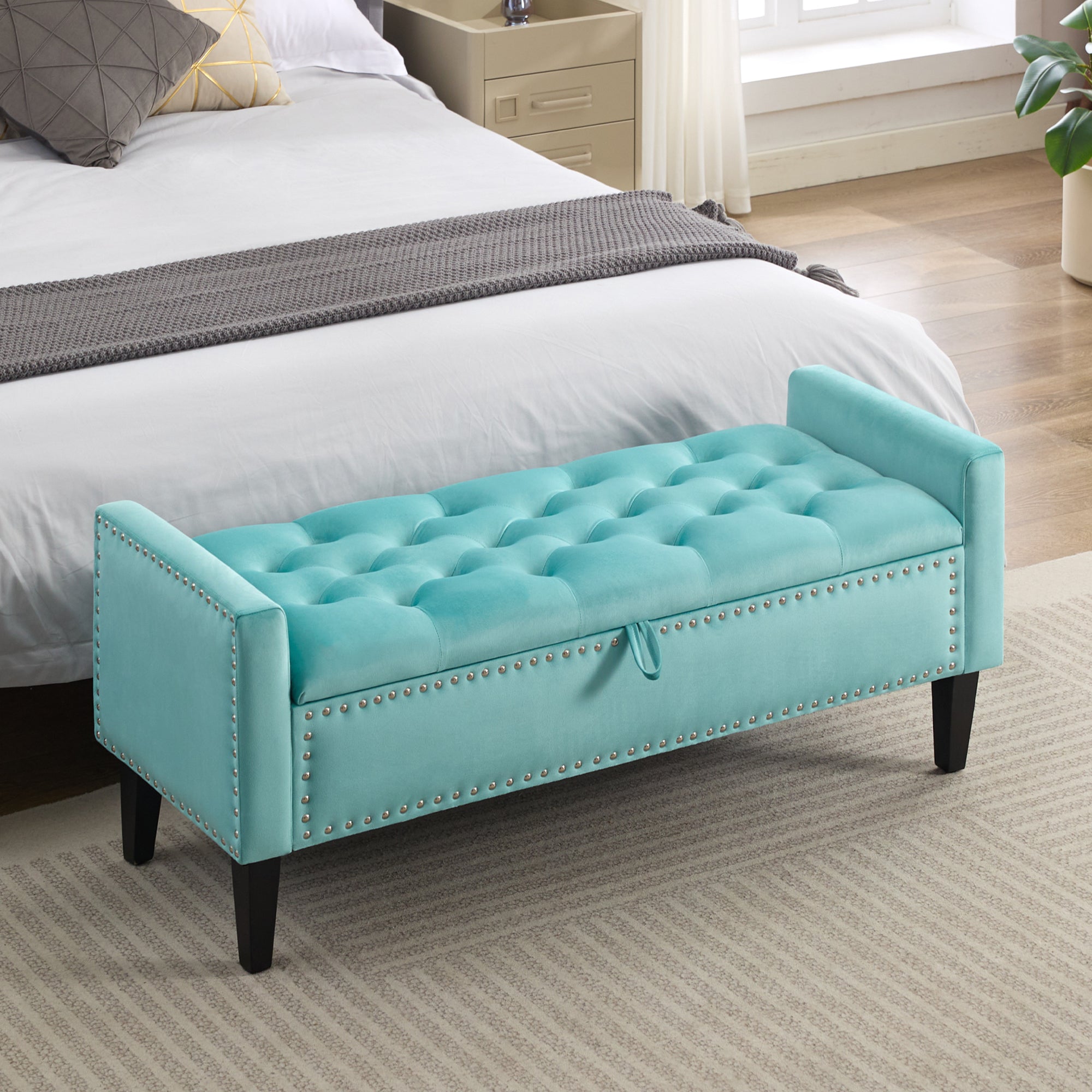 47" Velvet Storage Bench，Teal