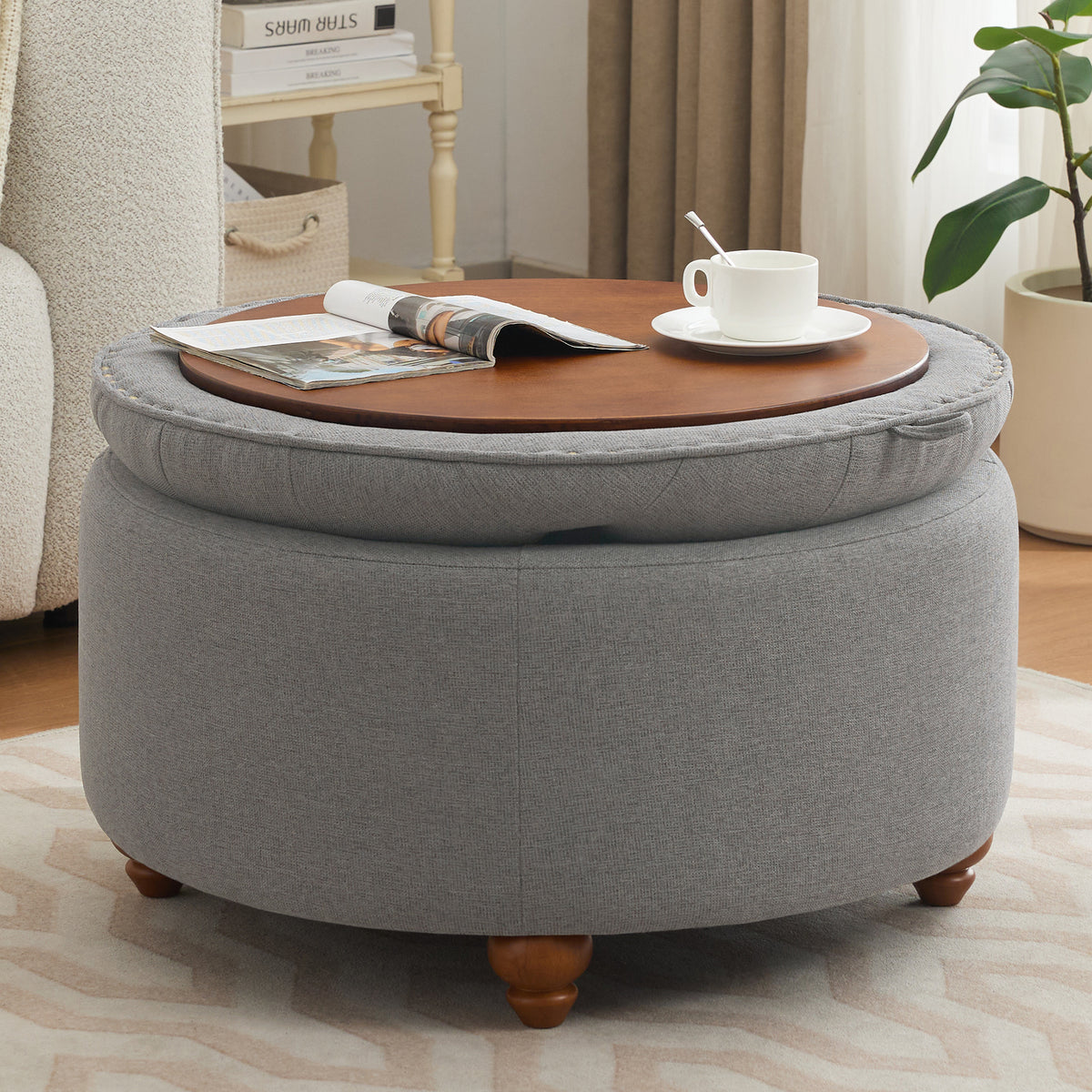 30'' Round Ottoman with Storage, Modern Tufted Fabric Storage Ottoman with Removable Top for Living Room, Bedroom, Light Gray
