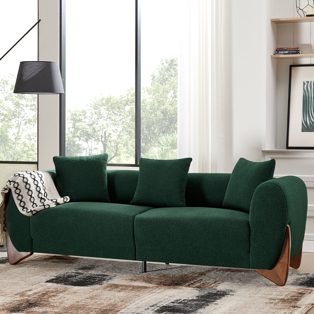 87" Boucle Couch with Solid Wood Legs, Green