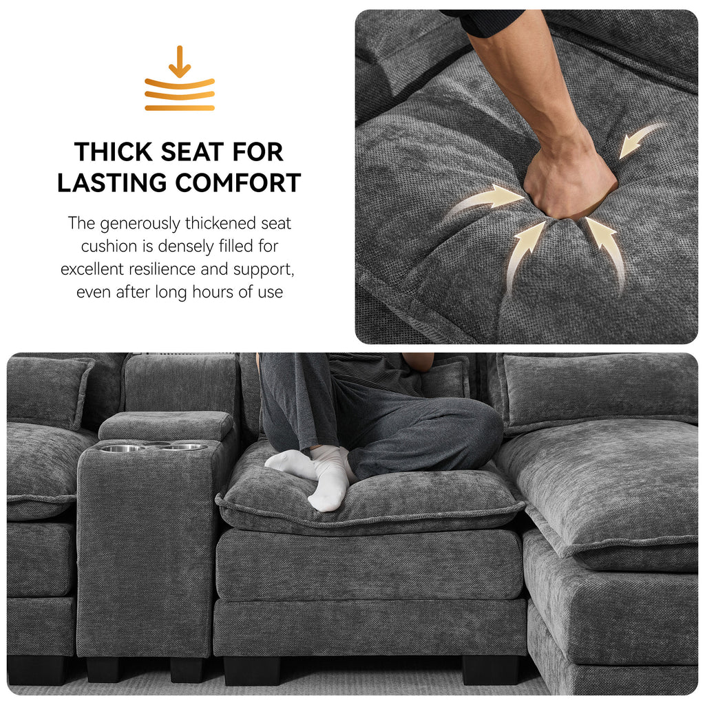125'' U Shaped Cloud Modular Sectional Sofa with Chaise Lounges, Chenille Upholstered Comfy Couch with Storage Console, USB Charging Ports & Cup Holders, Modern Deep Seat Sofa for Living Room
