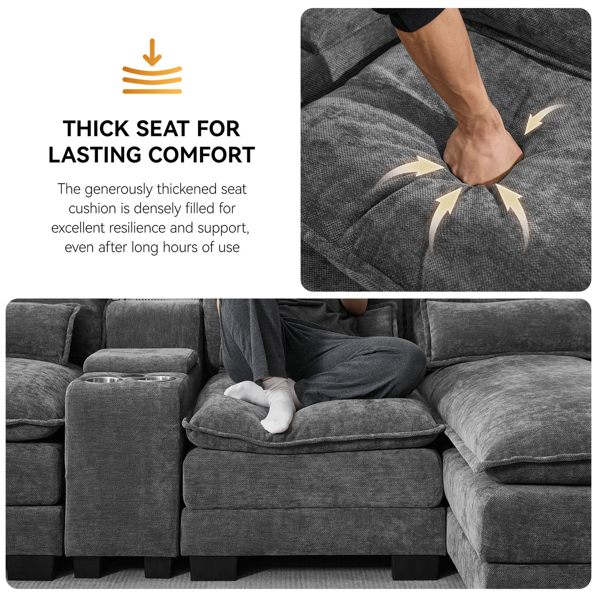 125'' U Shaped Cloud Modular Sectional Sofa with Chaise Lounges, Chenille Upholstered Comfy Couch with Storage Console, USB Charging Ports & Cup Holders, Modern Deep Seat Sofa for Living Room