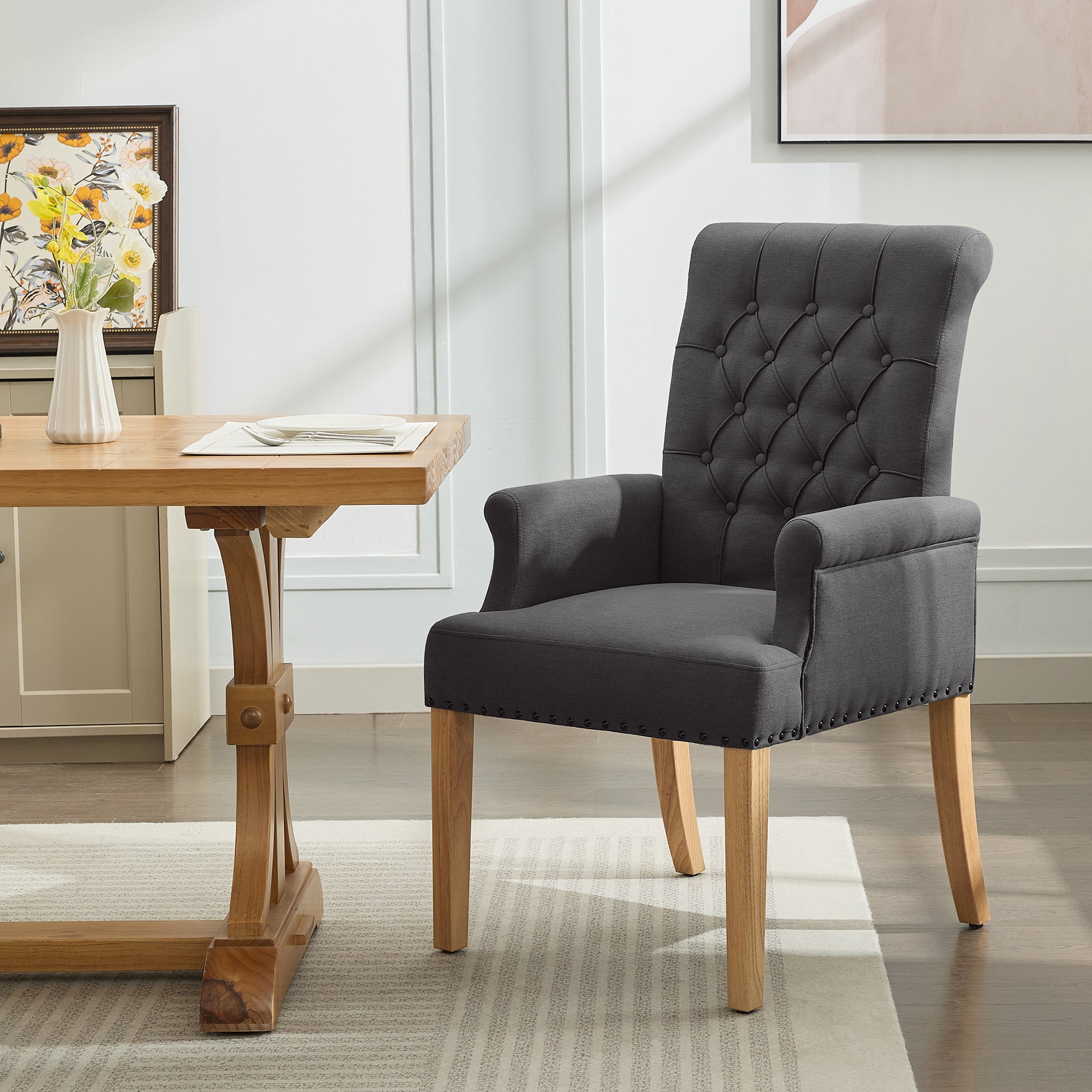 Fabric Dining Chair with Arms，Dark Gray
