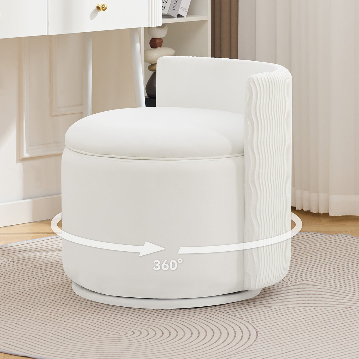 Velvet Swivel Accent Chair with Storage, 360° Vanity Makeup Chair with Wave Back, No Assembly Comfy Single Sofa Chair, Small Accent Stool for Bedroom, Dressing, Living Room