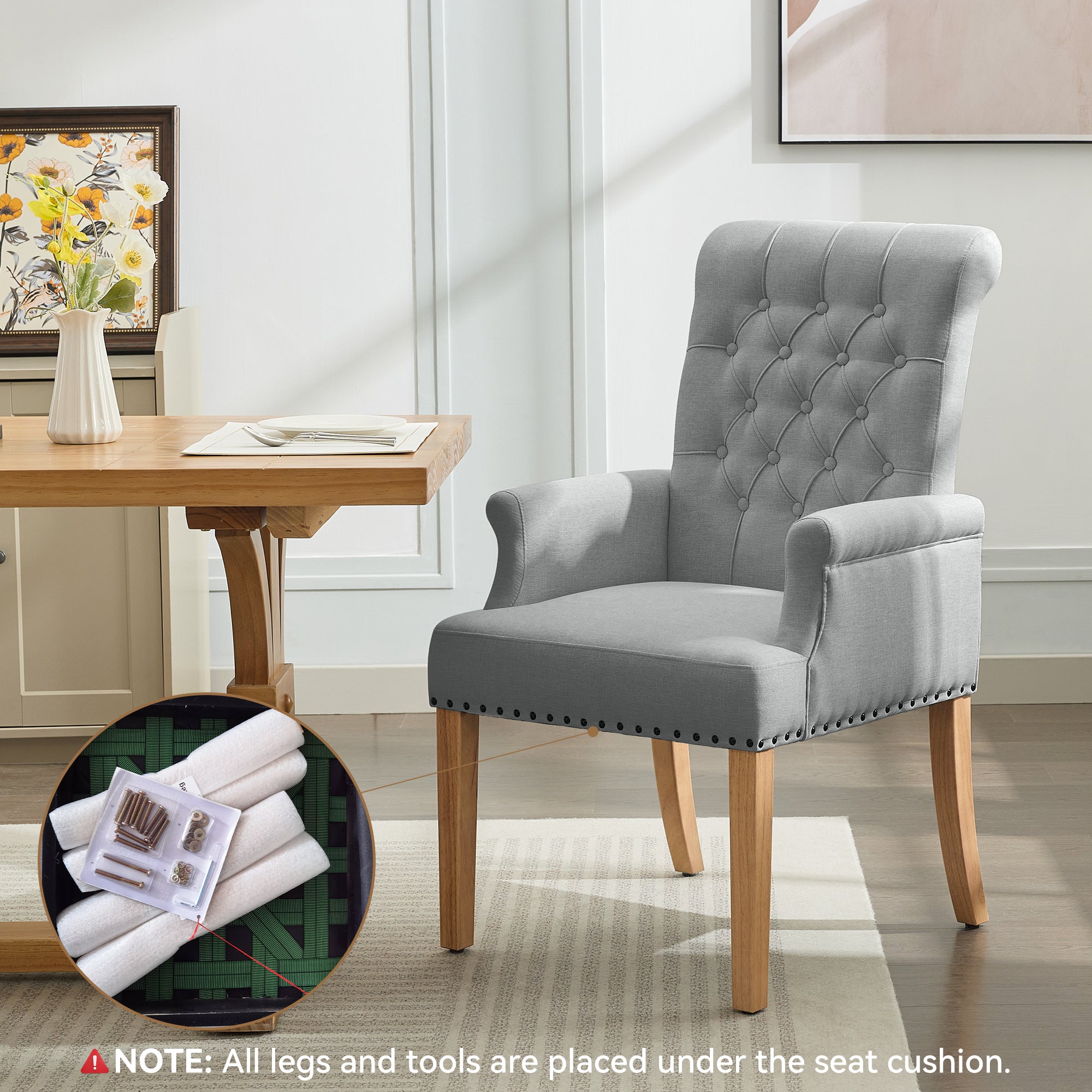 Fabric Dining Chair with Arms，Light Gray