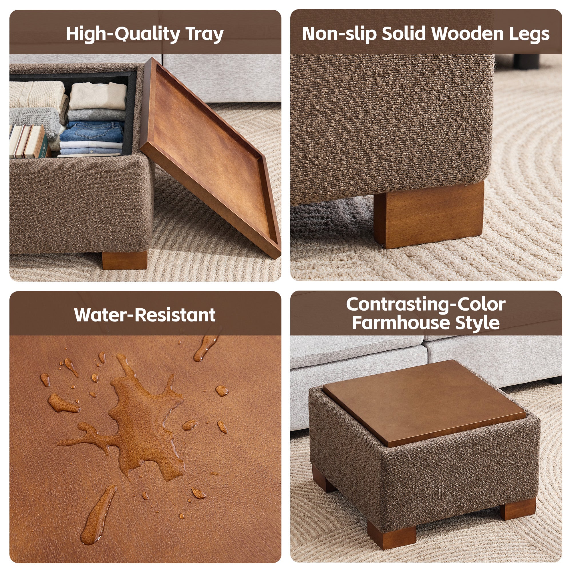 24" Square Storage Ottoman，Brown