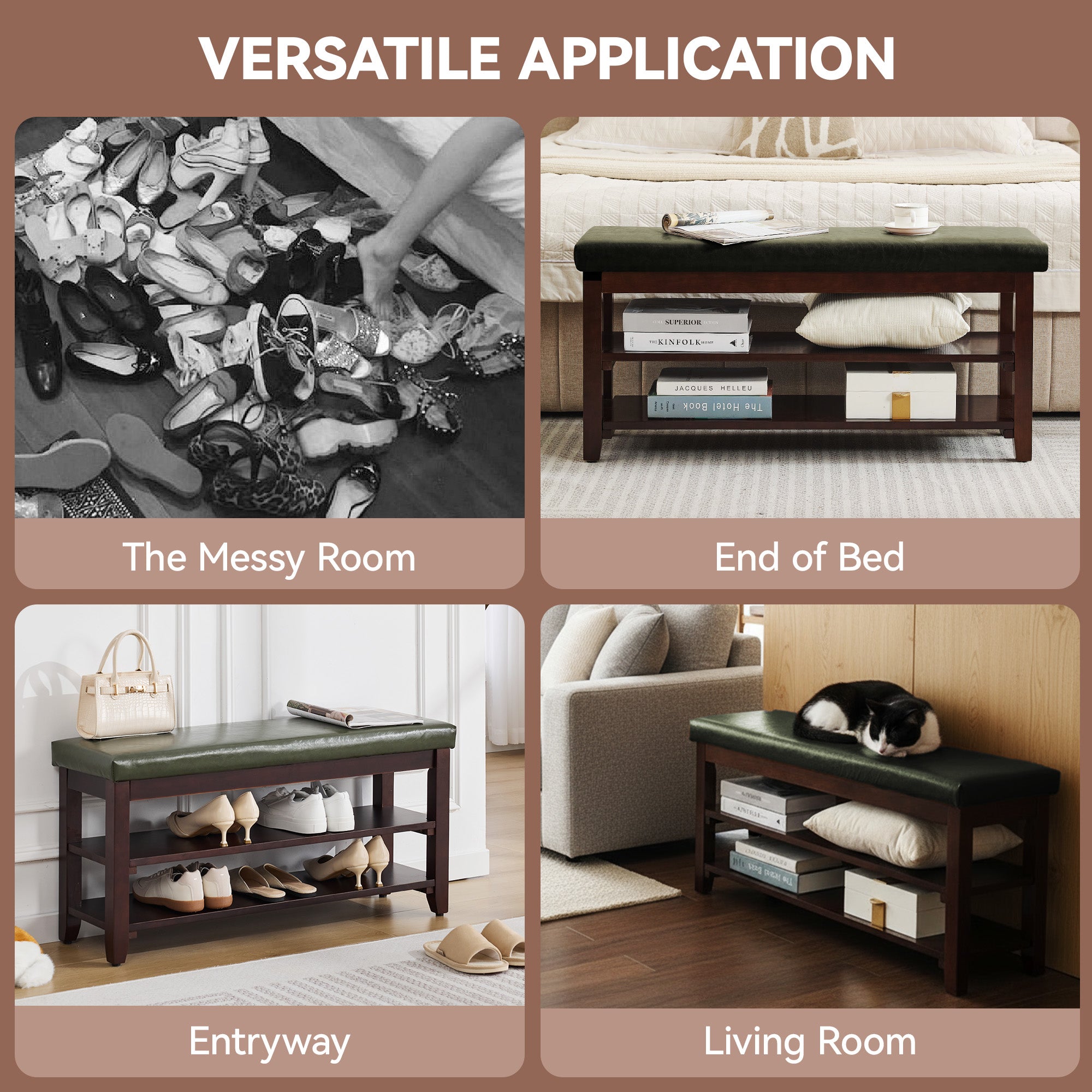 40" Shoe Bench with Leather Cushion, Green