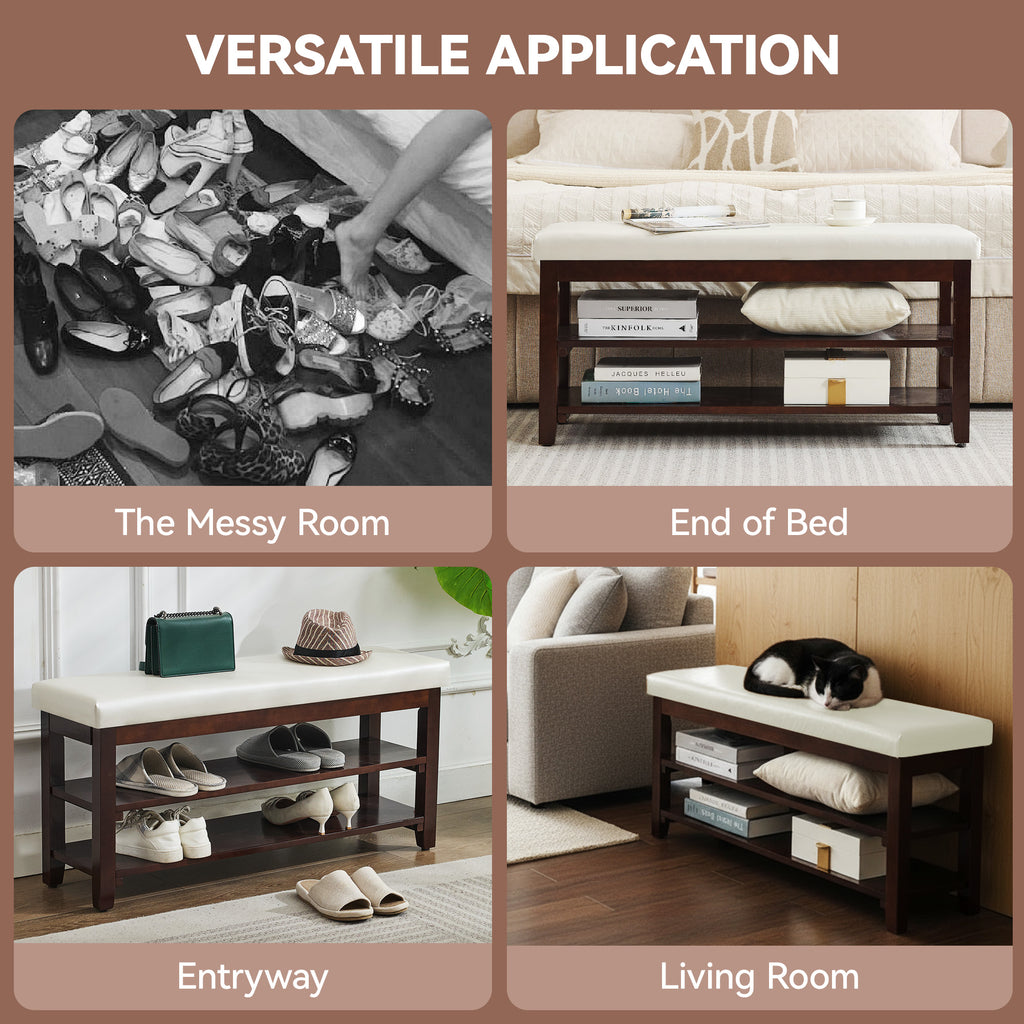 40" Shoe Bench with Leather Cushion, White