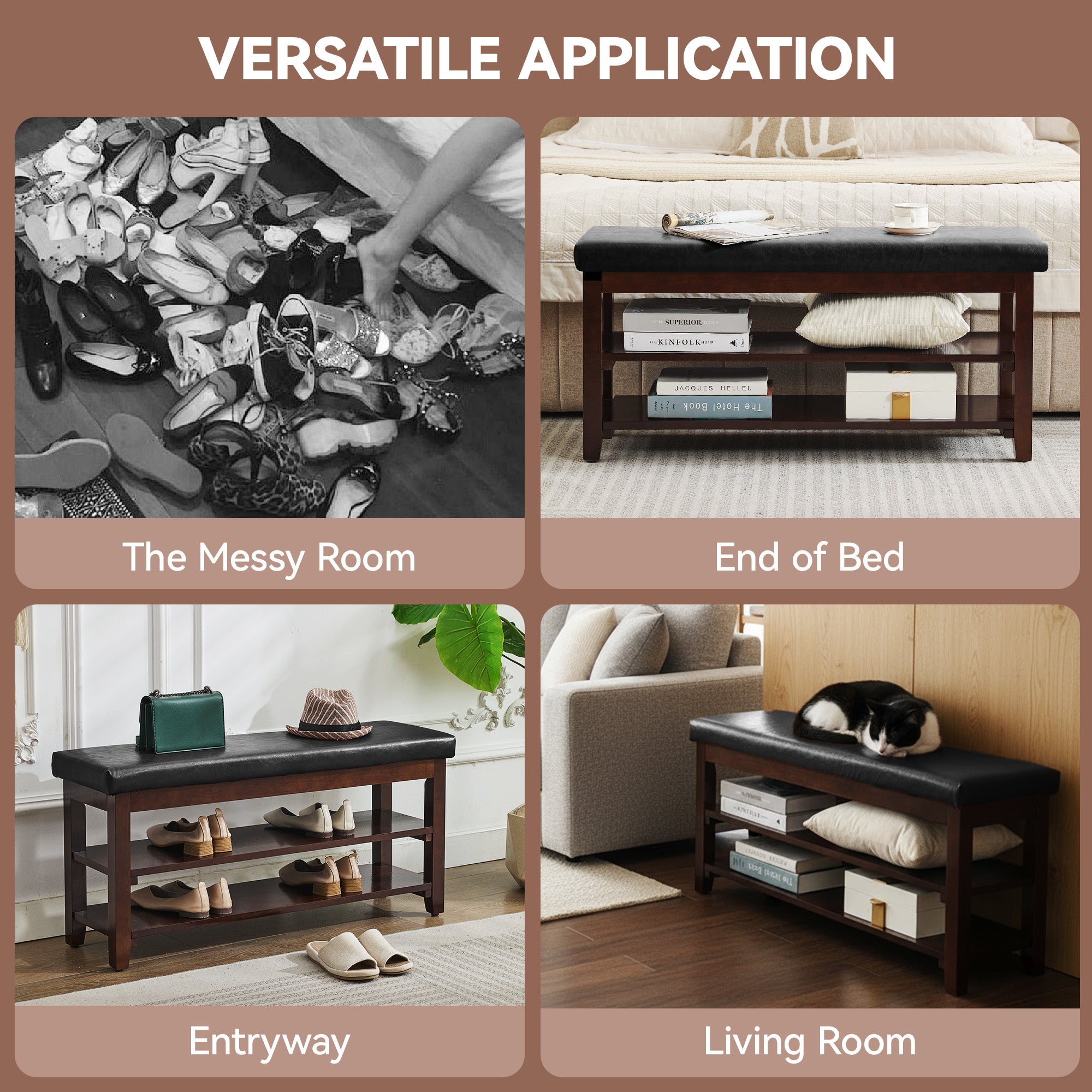 40" Shoe Bench with Leather Cushion, Black