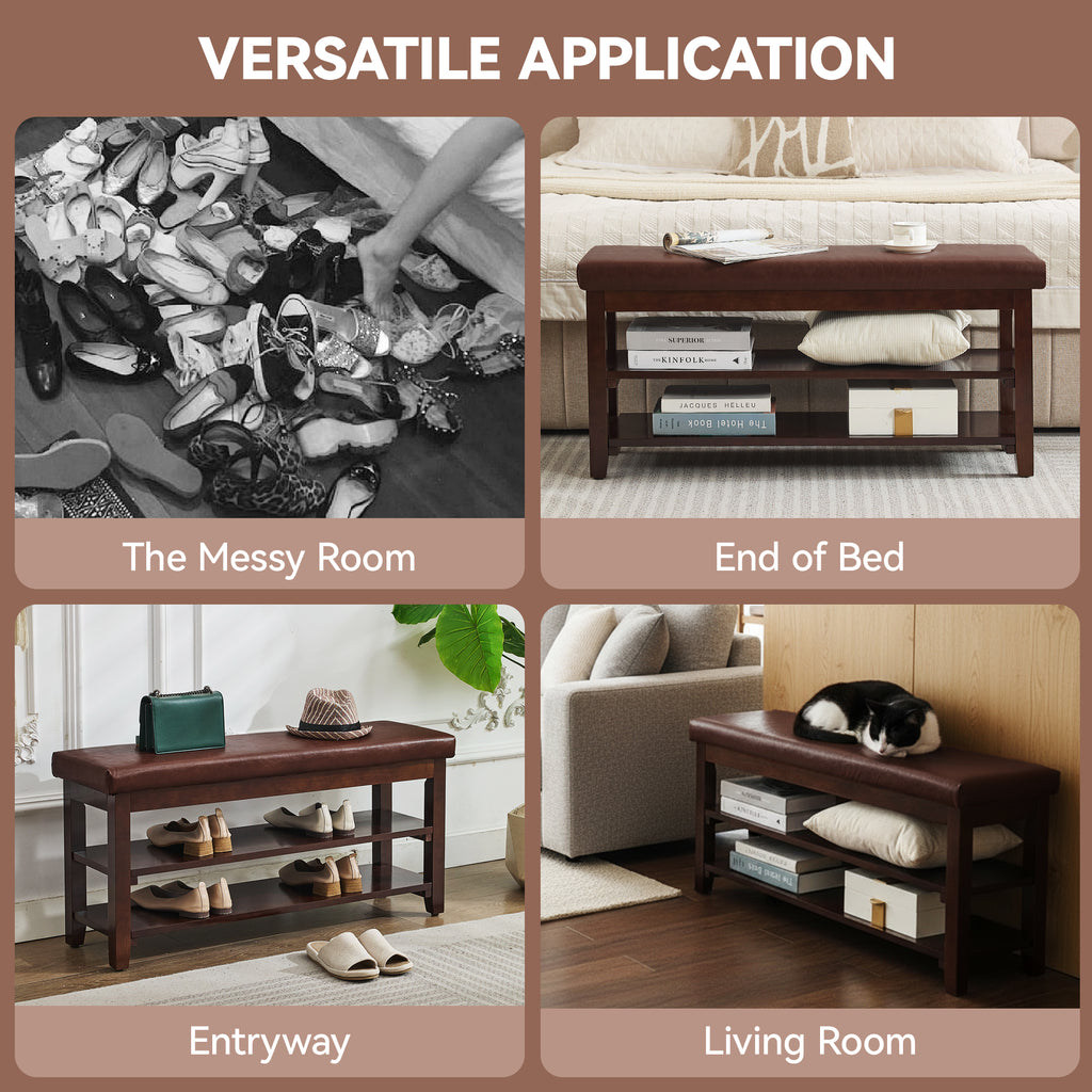 40" Shoe Bench with Leather Cushion, Brown