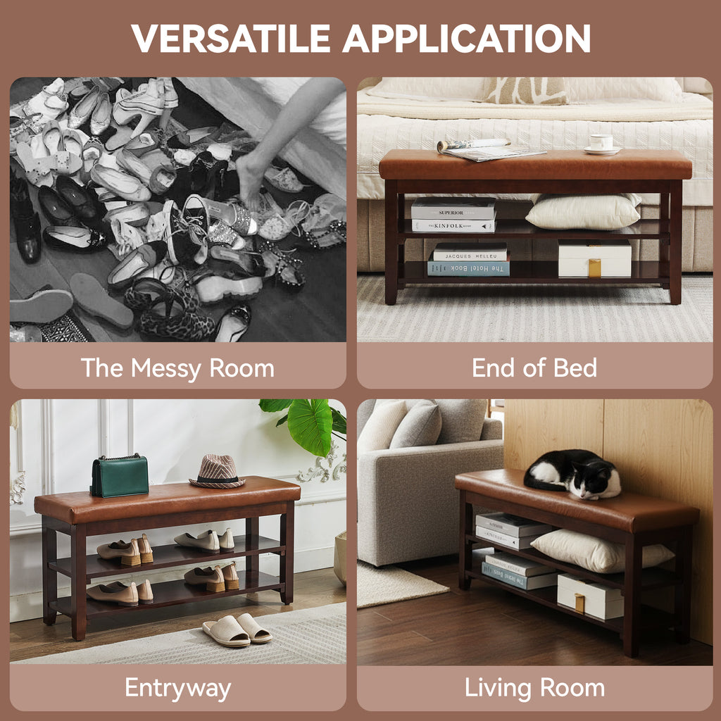 40" Shoe Bench with Leather Cushion, Bright Brown