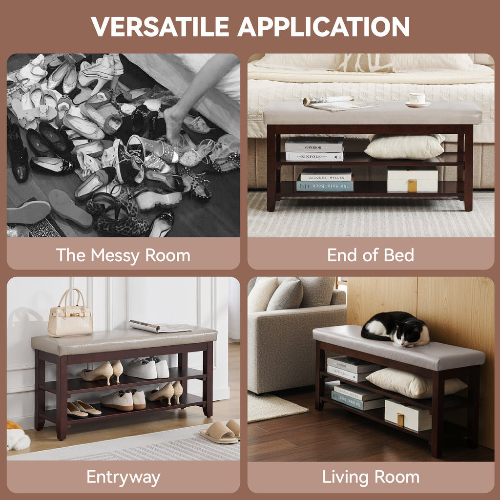 40" Shoe Bench with Leather Cushion, Gray