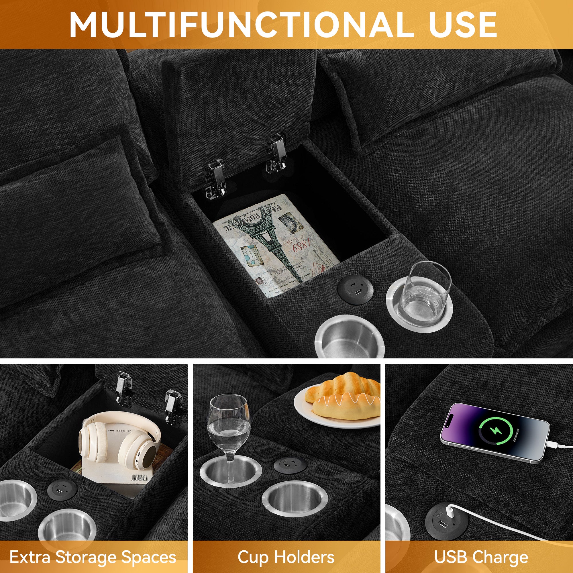 U Shaped Cloud Modular Sofa with Chaise Lounges，Black