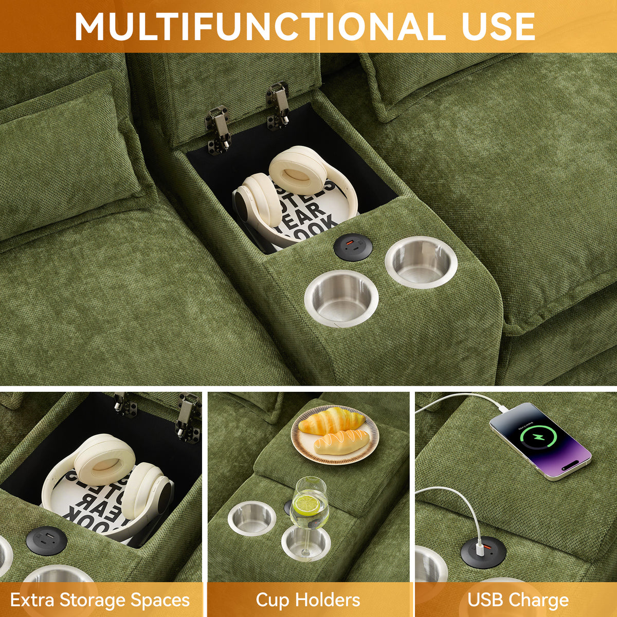 125'' U Shaped Cloud Modular Sectional Sofa with Chaise Lounges, Chenille Upholstered Comfy Couch with Storage Console, USB Charging Ports & Cup Holders, Modern Deep Seat Sofa for Living Room