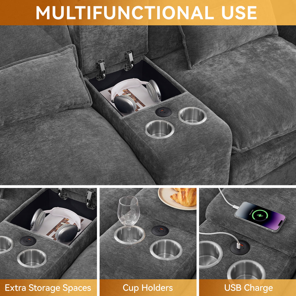 125'' U Shaped Cloud Modular Sectional Sofa with Chaise Lounges, Chenille Upholstered Comfy Couch with Storage Console, USB Charging Ports & Cup Holders, Modern Deep Seat Sofa for Living Room