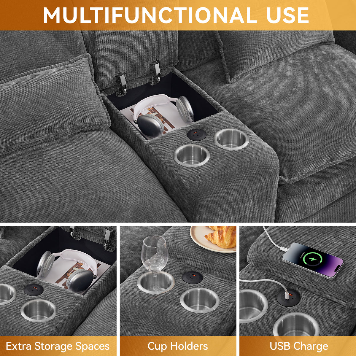 125'' U Shaped Cloud Modular Sectional Sofa with Chaise Lounges, Chenille Upholstered Comfy Couch with Storage Console, USB Charging Ports & Cup Holders, Modern Deep Seat Sofa for Living Room