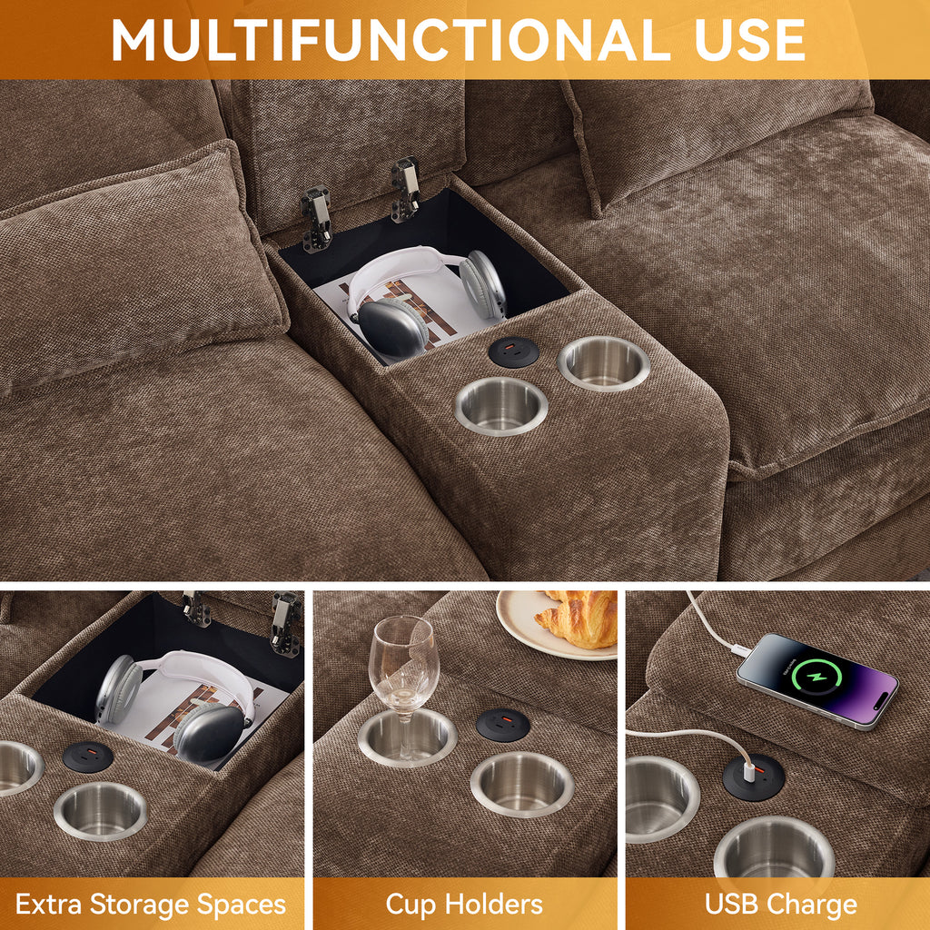 125'' U Shaped Cloud Modular Sectional Sofa with Chaise Lounges, Chenille Upholstered Comfy Couch with Storage Console, USB Charging Ports & Cup Holders, Modern Deep Seat Sofa for Living Room