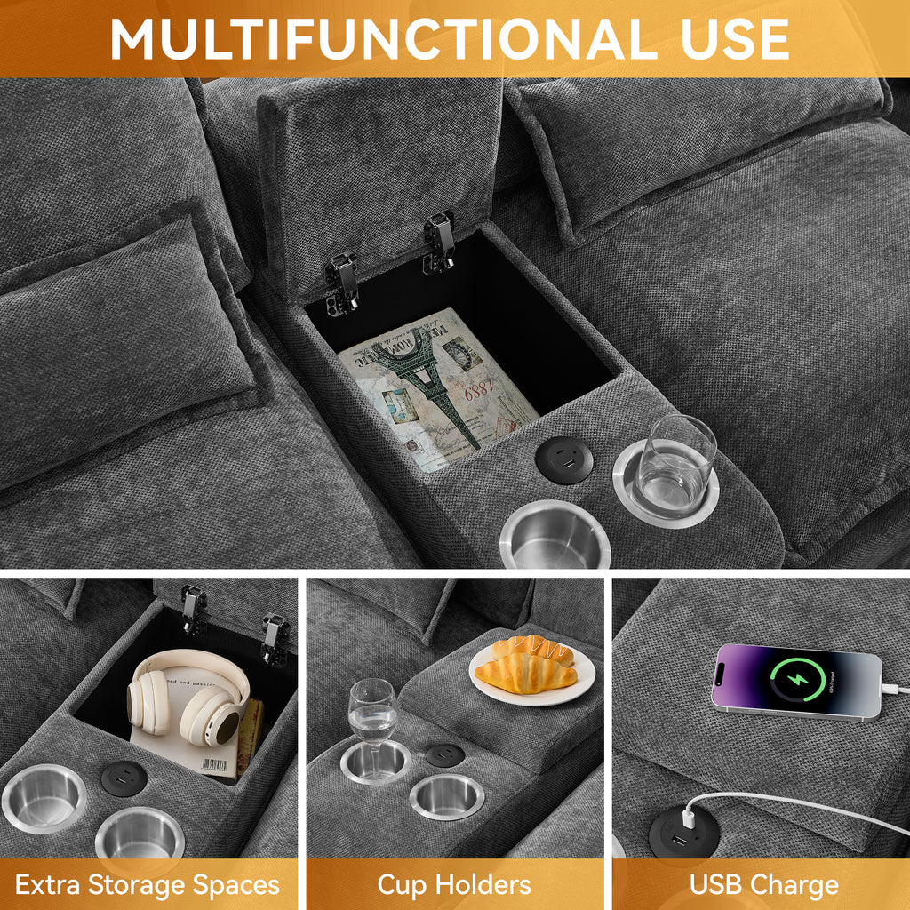 125'' U Shaped Cloud Modular Sectional Sofa with Chaise Lounges, Chenille Upholstered Comfy Couch with Storage Console, USB Charging Ports & Cup Holders, Modern Deep Seat Sofa for Living Room