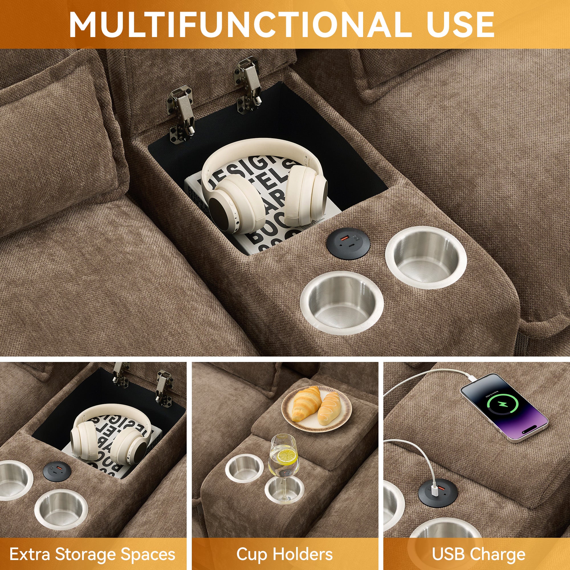 U Shaped Cloud Modular Sofa with Chaise Lounges，Brown