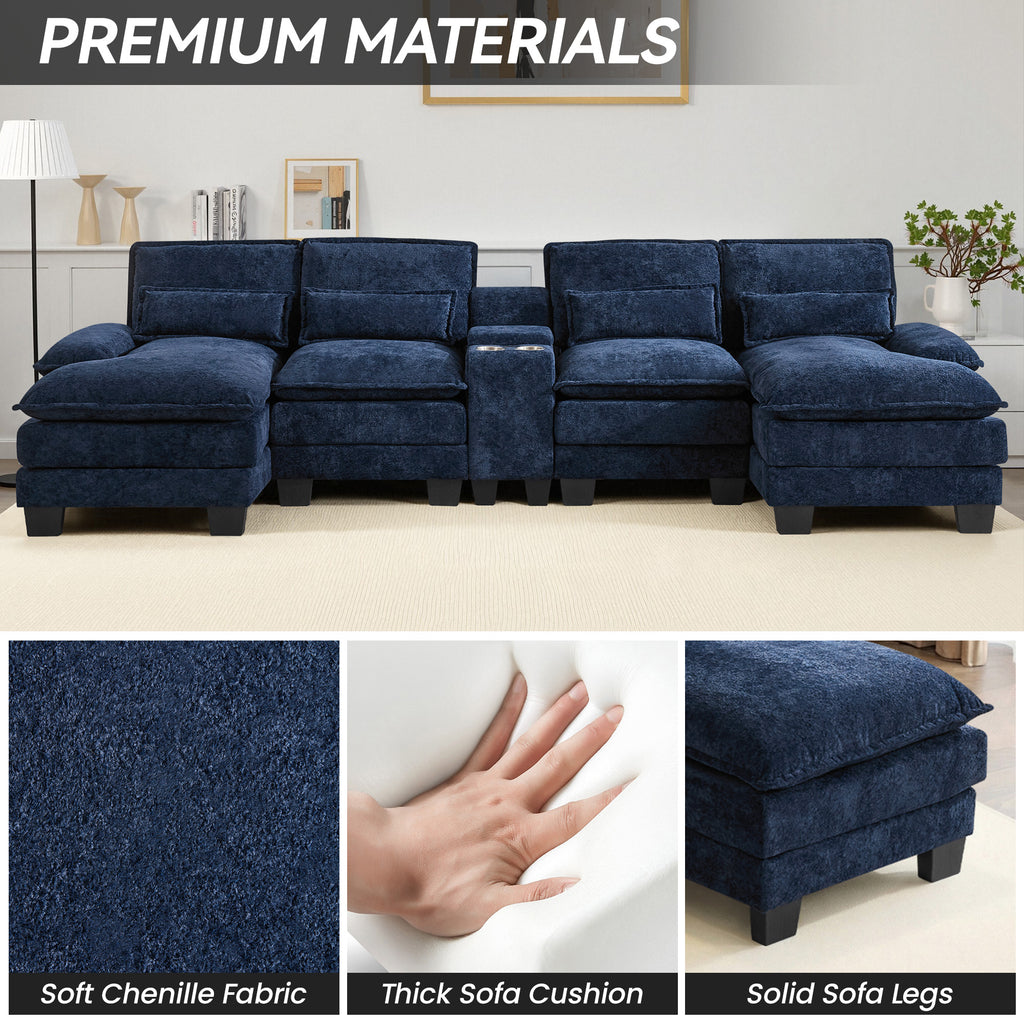 U Shaped Cloud Modular Sofa with Chaise Lounges，Navy