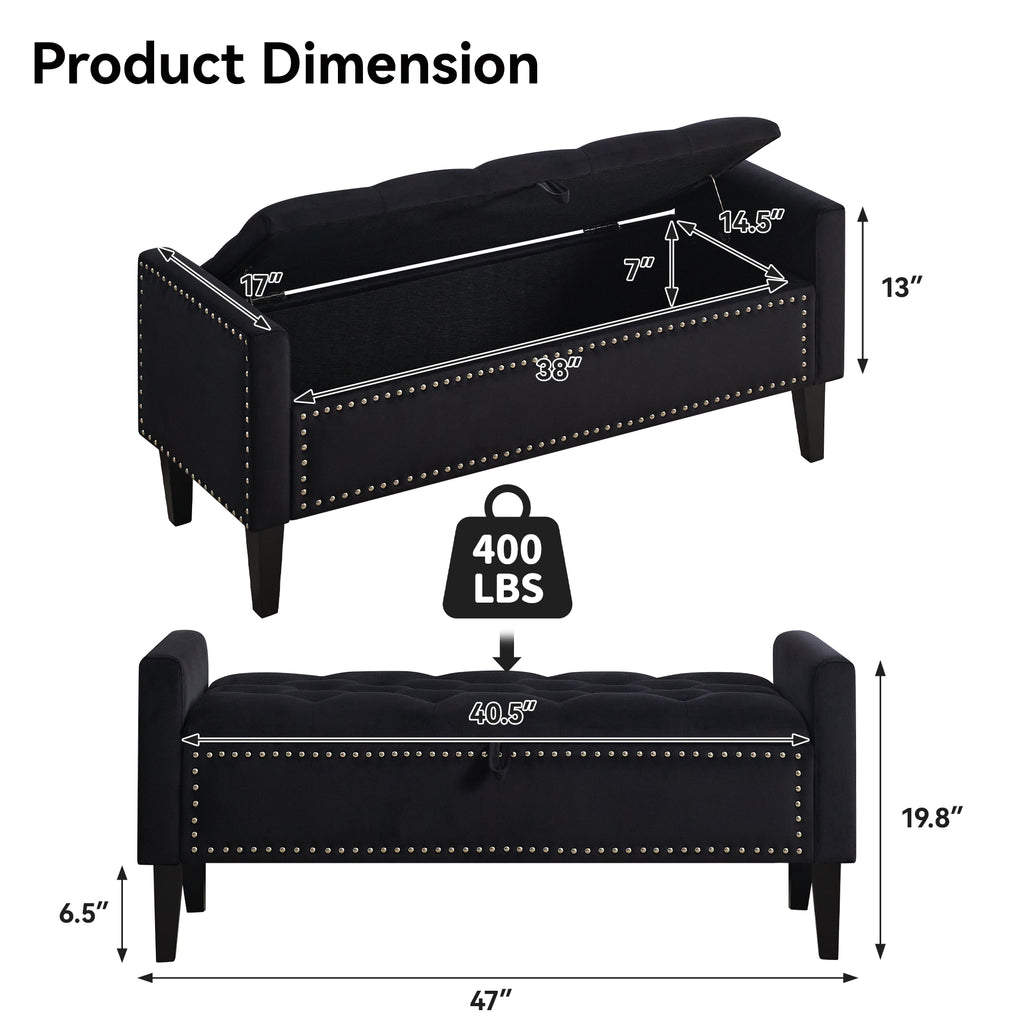 47" Velvet Storage Bench，Black